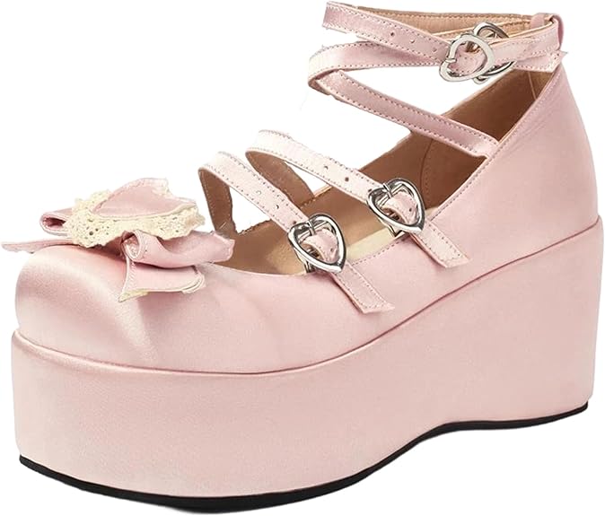 Women’s Sweet Satin Shoes, High Heels Princess Pink Wedges, Summer Fashion Retro Bow Party Pumps